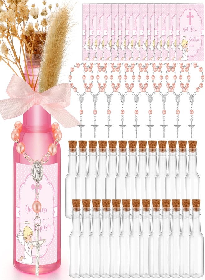 Highergo 50 Set Catholic Holy Water Bottles Cross Rosary Set Baptism Party Favors 50ml Christian Clear Plastic Holy Water Containers Cork Stopper for Church First Communion Wedding Table Newborn(Pink) - Image 1